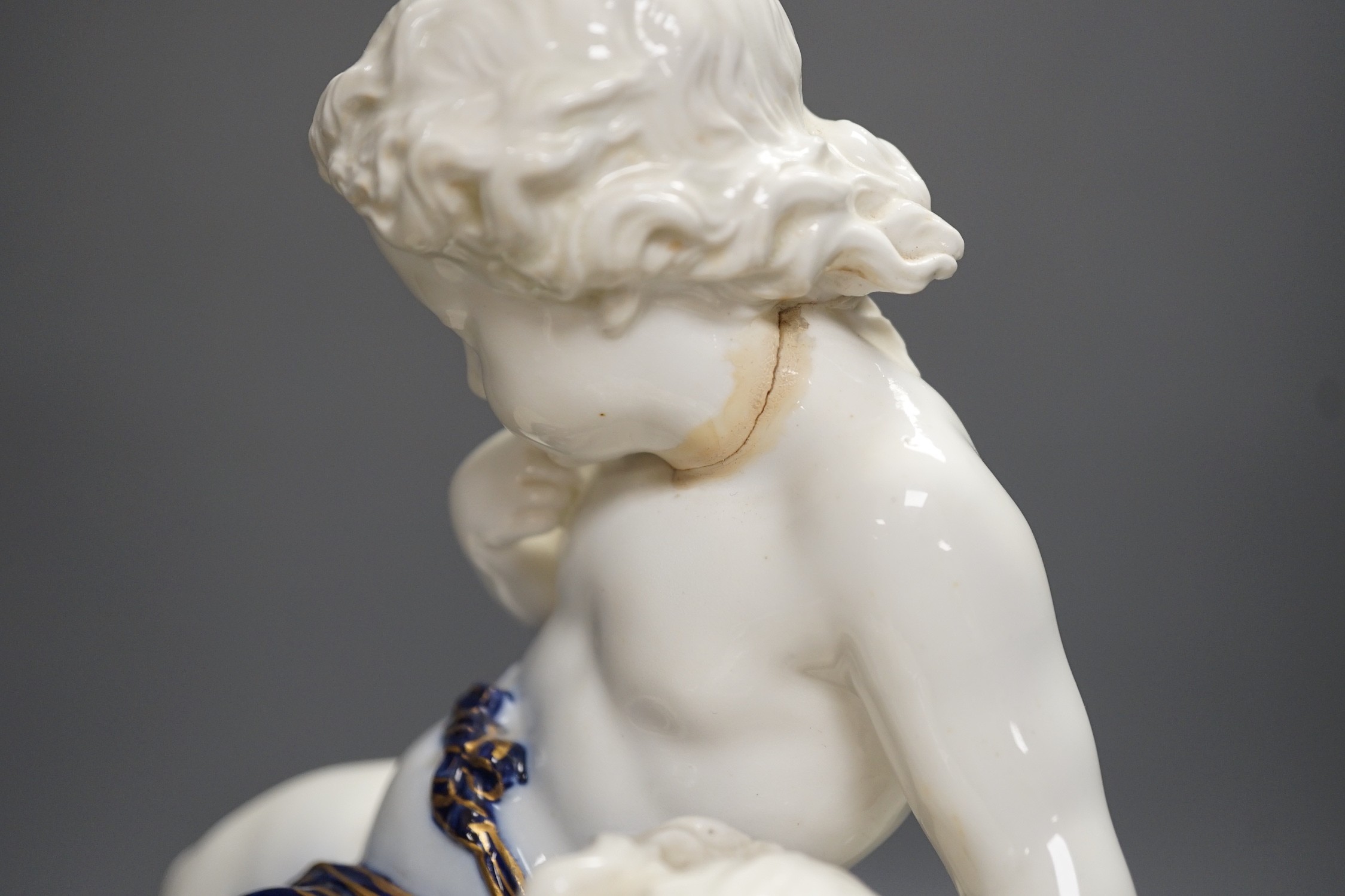 A Copeland porcelain putti seated on a shell centrepiece, modelled O. Hale, c.1877, 35cms high - Image 2 of 14