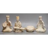 Three Chinese painted pottery figures of musicians and a model drum, Tang dynasty or later, 18.