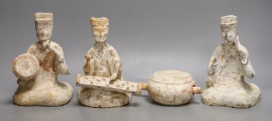 Three Chinese painted pottery figures of musicians and a model drum, Tang dynasty or later, 18.