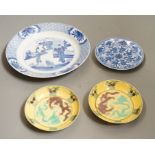 A pair of Chinese dragon dishes, a Kangxi blue and white plate, a Kangxi blue and white dish with