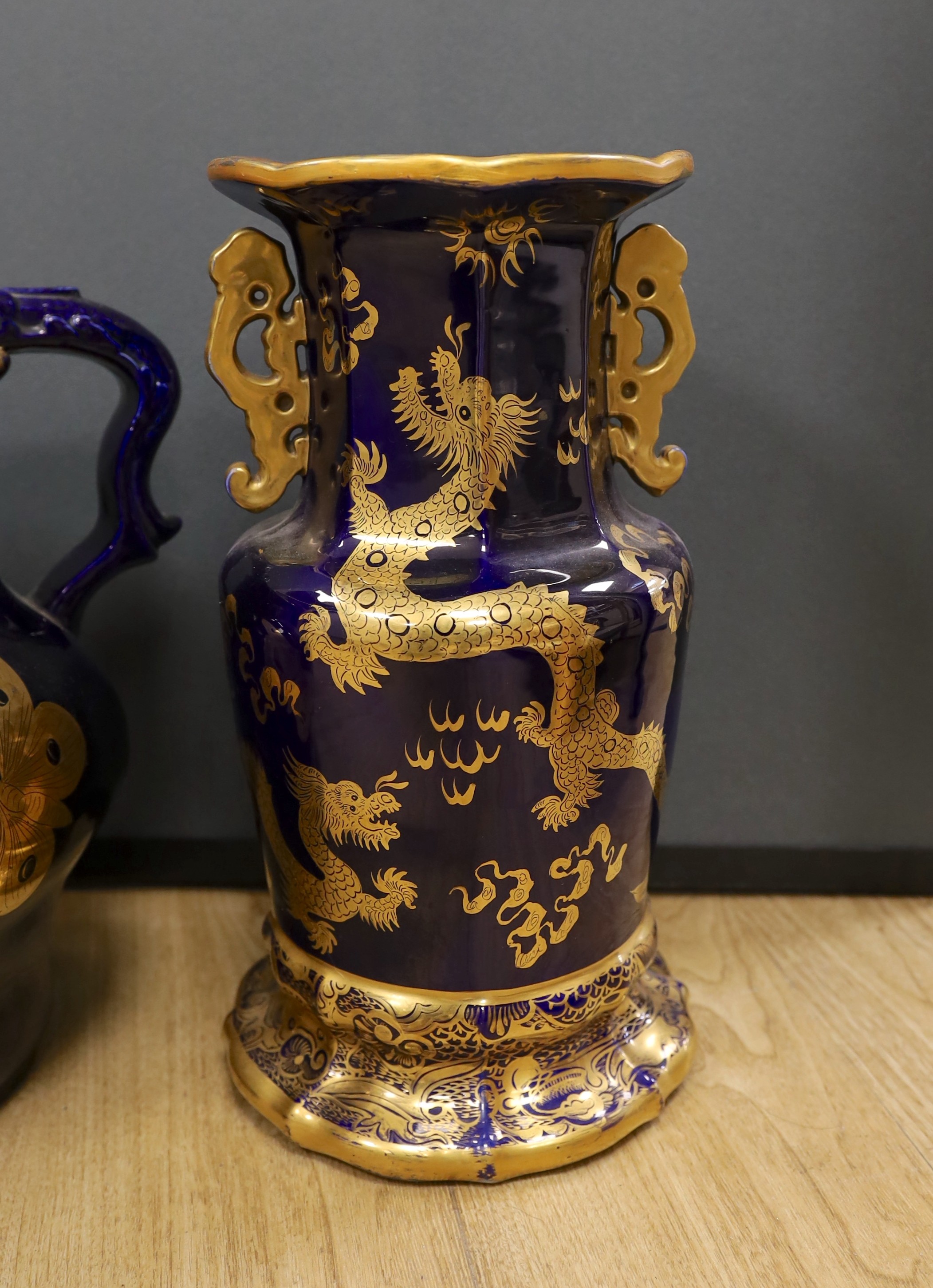 A large early 19th century Masons ironstone cobalt blue and gilt decorated jug and two similar large - Image 3 of 8