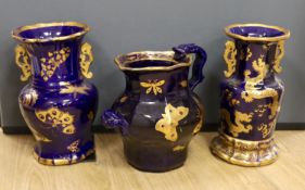 A large early 19th century Masons ironstone cobalt blue and gilt decorated jug and two similar large