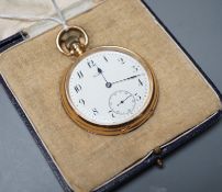 A George V 18ct gold Waltham open faced keyless pocket watch, with Arabic dial and subsidiary