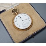 A George V 18ct gold Waltham open faced keyless pocket watch, with Arabic dial and subsidiary