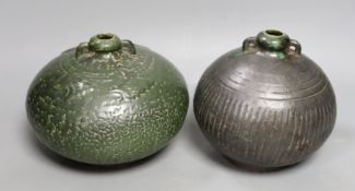 Two Thai Sawankhalok green-glazed ring handled jars, 15th-16th century, tallest 15.5cm Provenance-