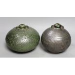 Two Thai Sawankhalok green-glazed ring handled jars, 15th-16th century, tallest 15.5cm Provenance-