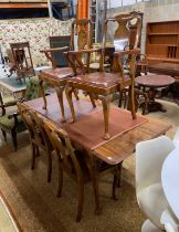 A Queen Anne revival figured walnut extending dining table, length 183cm extended, one spare leaf,