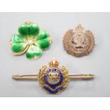 An early 20th century and two colour enamel set Royal Engineers sweetheart brooch, 5cm, gross 5.6