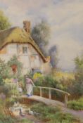 Noel Smith (fl.1889-1900), watercolour, Figures and ducks in a cottage garden, signed, 34 x 25cm