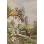 Noel Smith (fl.1889-1900), watercolour, Figures and ducks in a cottage garden, signed, 34 x 25cm