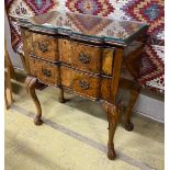 A Queen Anne revival serpentine walnut and simulated walnut two drawer side table, width 62cm, depth