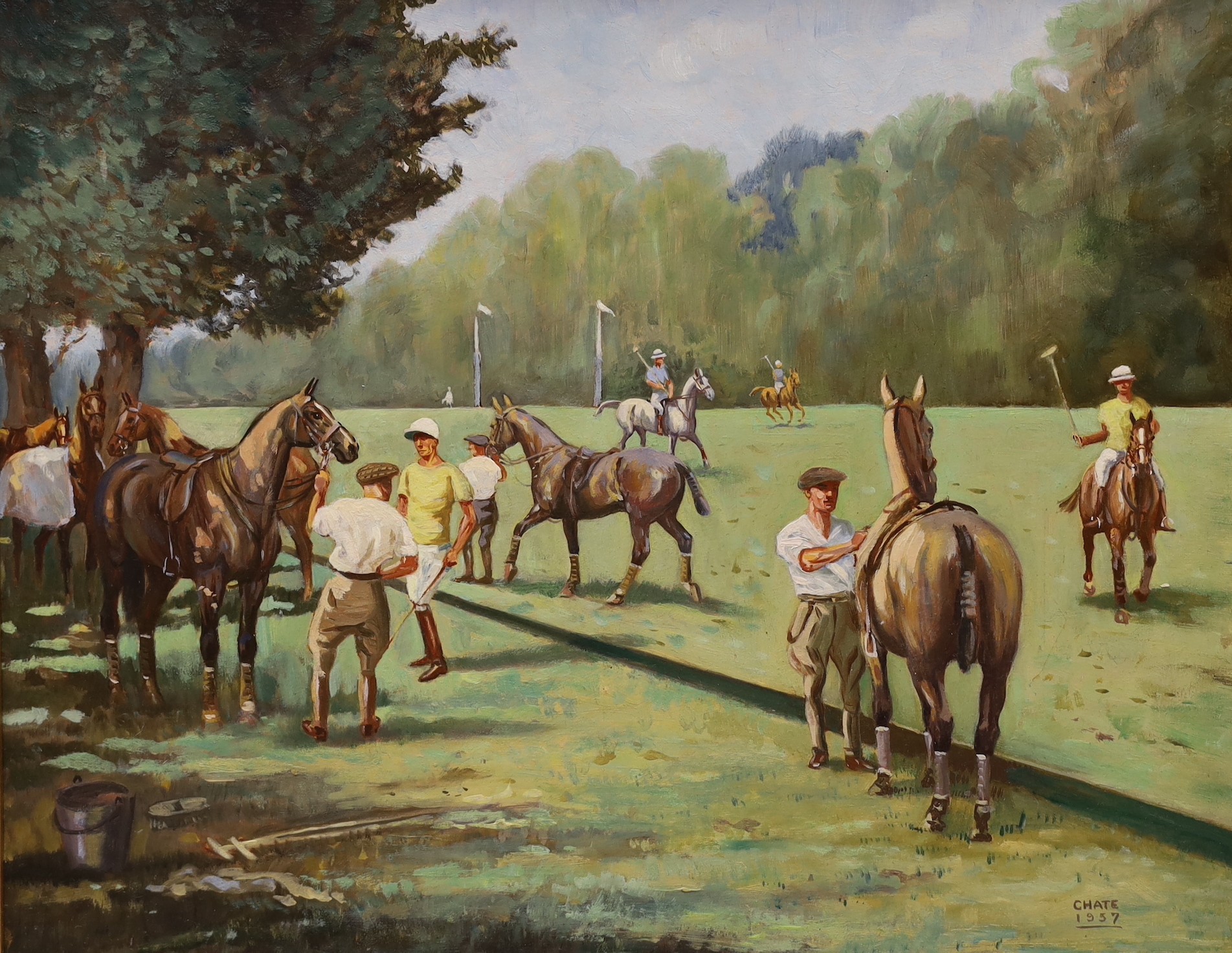 Chate (20th century), oil on board, Polo players before the match, signed and dated 1957, 40 x 50cm