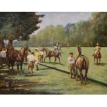 Chate (20th century), oil on board, Polo players before the match, signed and dated 1957, 40 x 50cm