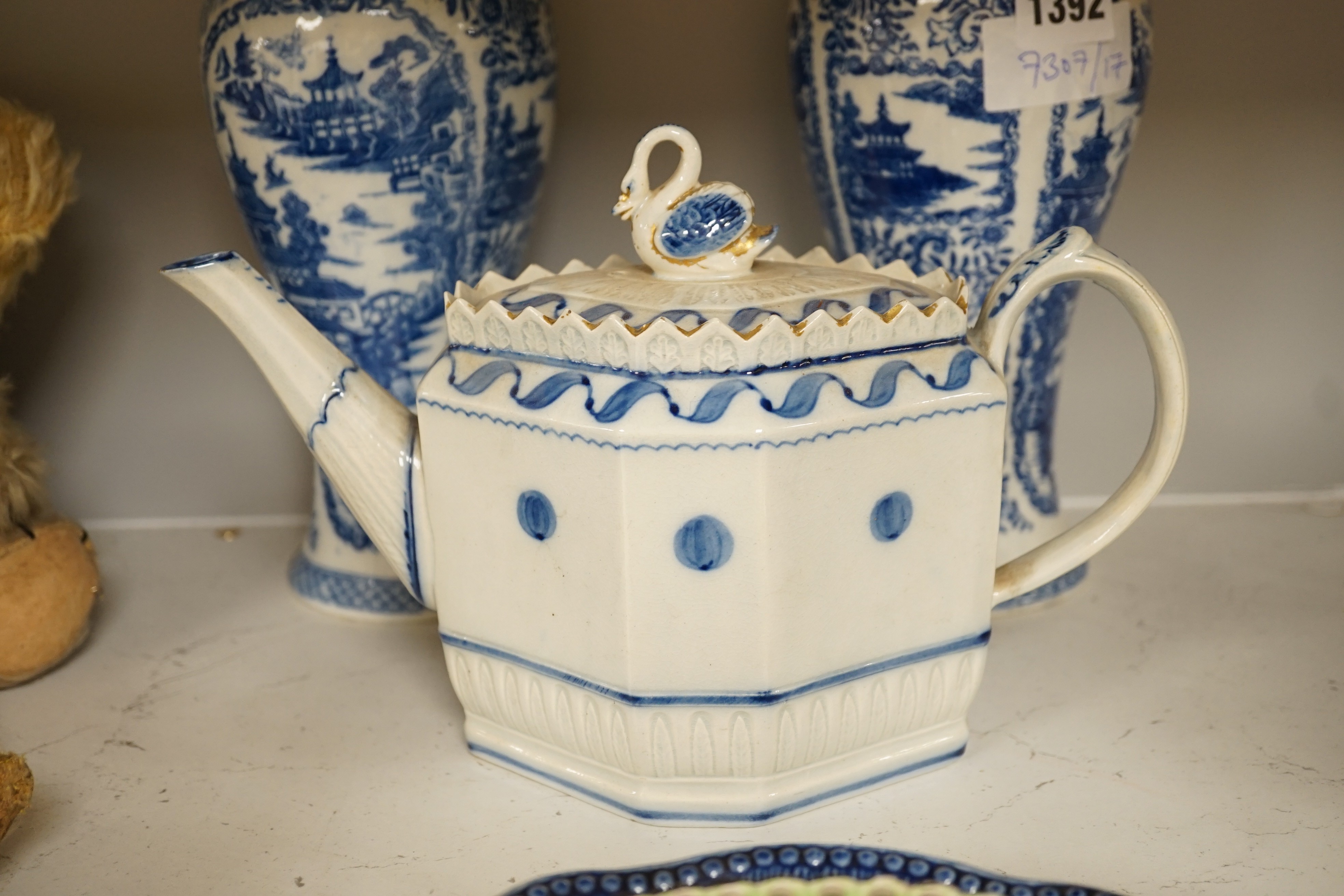 A pair of 19th century blue and white chinoiserie vases, a pearlware teapot, possibly Harley of Lane - Image 4 of 6