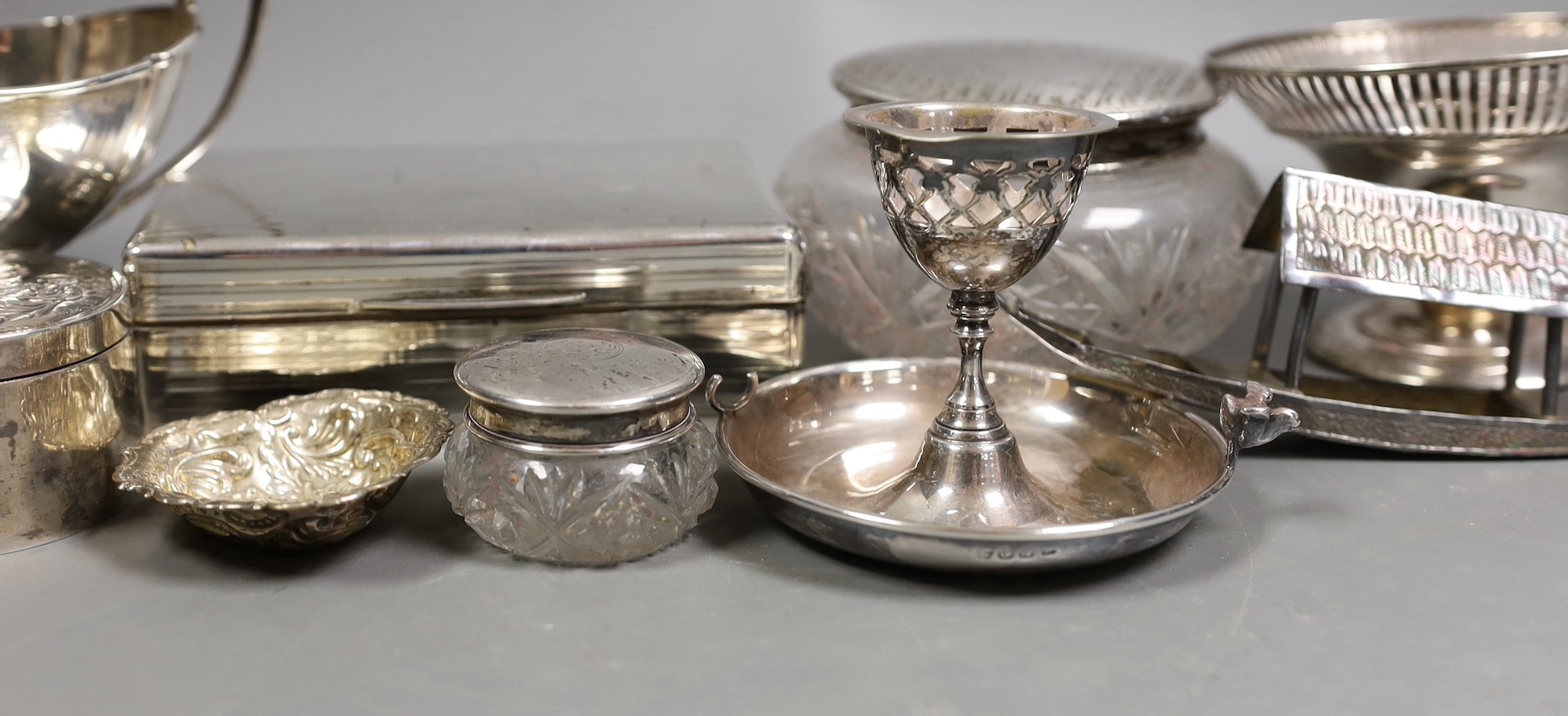 Miscellaneous silver ware including a mounted cigarette box, mounted posy vase, egg cup stand, - Image 4 of 7