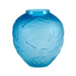 A Lalique style Archers pattern blue glass vase, 26cms high