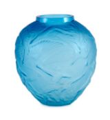 A Lalique style Archers pattern blue glass vase, 26cms high