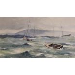 John Alford (b.1929), watercolour, Yacht moored in a rough sea, signed, 13 x 24cm