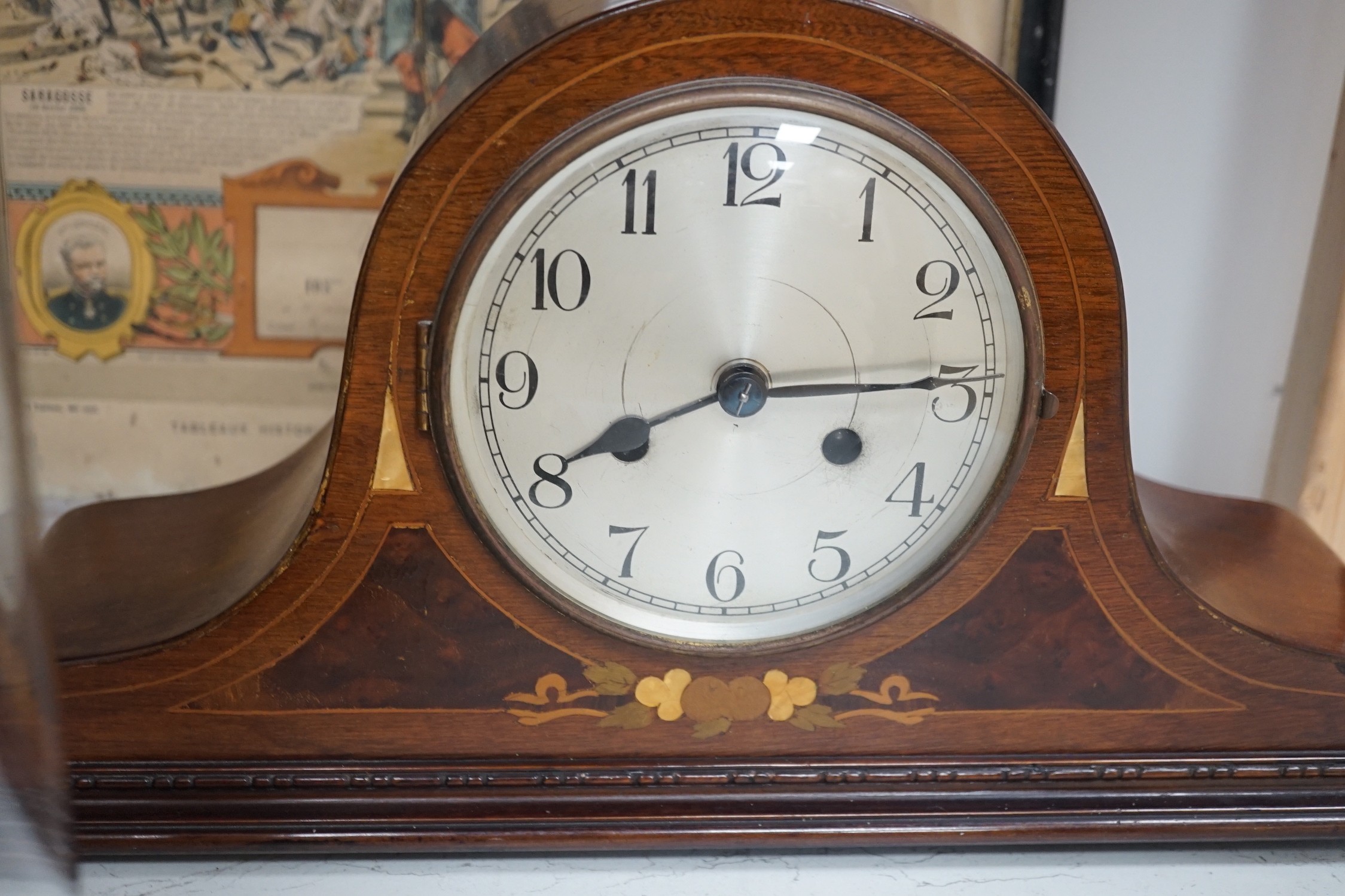 An early 20th century inlaid mahogany mantel clock, a skeleton clock under glass dome, a brass - Image 9 of 10