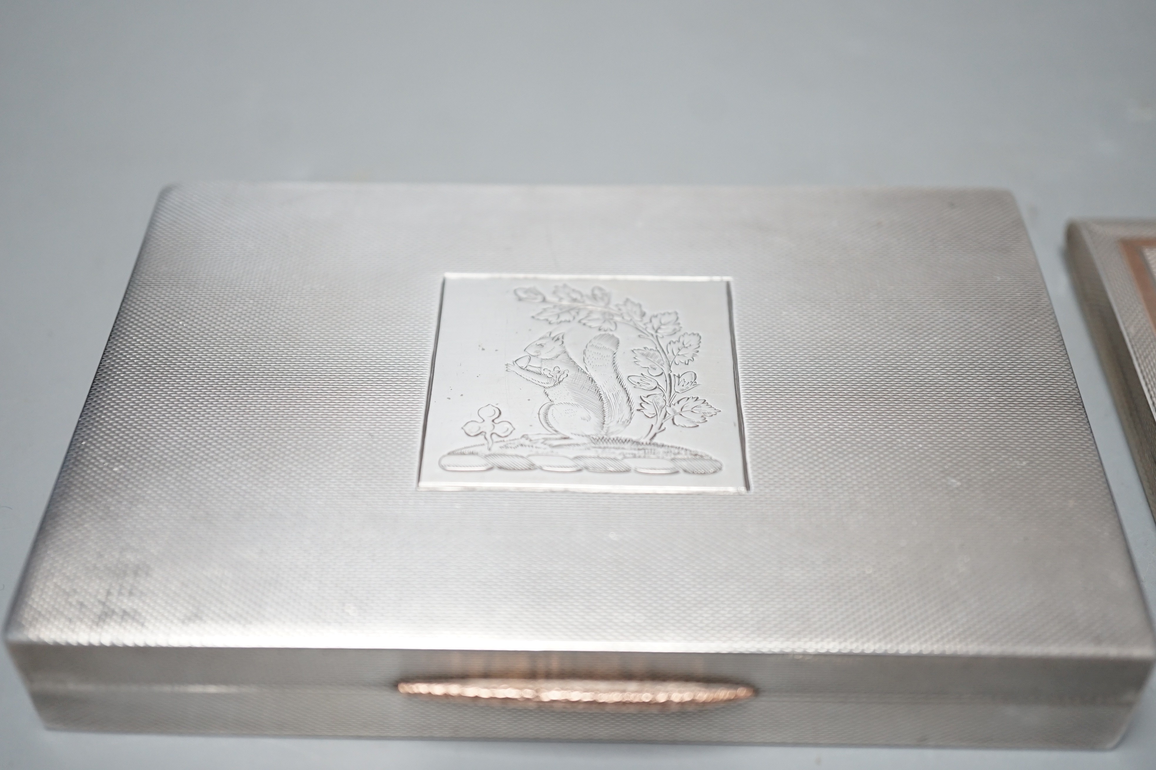 A George VI engine turned silver rectangular cigarette box/case, engraved with a squirrel, W.H. - Image 2 of 7
