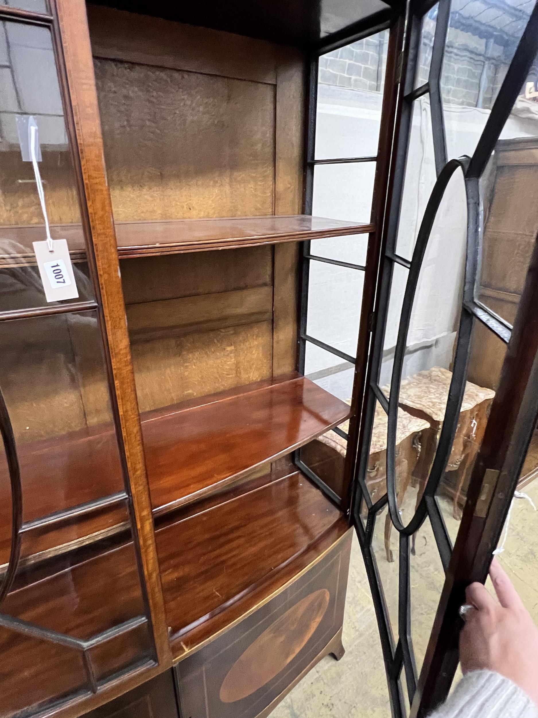 An early 20th century George III style satinwood banded mahogany inlaid bow front display cabinet, - Image 2 of 3