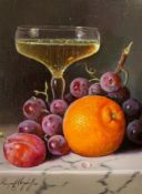 Raymond Campbell (b.1956), oil on canvas, 'Glass with orange and fruit', signed, 22 x 17cm
