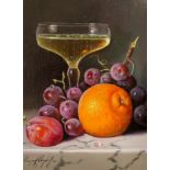 Raymond Campbell (b.1956), oil on canvas, 'Glass with orange and fruit', signed, 22 x 17cm