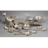 Miscellaneous silver ware including a mounted cigarette box, mounted posy vase, egg cup stand,