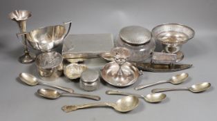 Miscellaneous silver ware including a mounted cigarette box, mounted posy vase, egg cup stand,