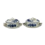 A pair of Caughley blue and white butter tubs, covers and stands, c.1780, stands 19cms wide, tubs