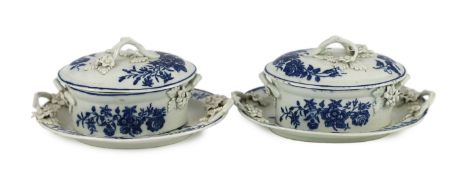A pair of Caughley blue and white butter tubs, covers and stands, c.1780, stands 19cms wide, tubs