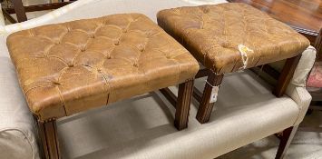 A pair of George III style beech and buttoned tan leather footstools, length 57cm, depth 48cm,