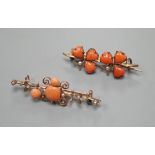 Two early 20th century yellow metal seed pearl and coral set brooches, one stamped 333 (8ct),