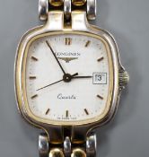 A lady's modern steel and gold plated Longines quartz wrist watch, on a steel and gold plated