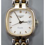 A lady's modern steel and gold plated Longines quartz wrist watch, on a steel and gold plated