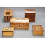 A selection of treen boxes, to include a house shaped money box, 13cm high, a 19th century ash? dome