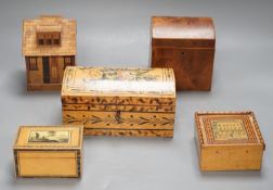 A selection of treen boxes, to include a house shaped money box, 13cm high, a 19th century ash? dome