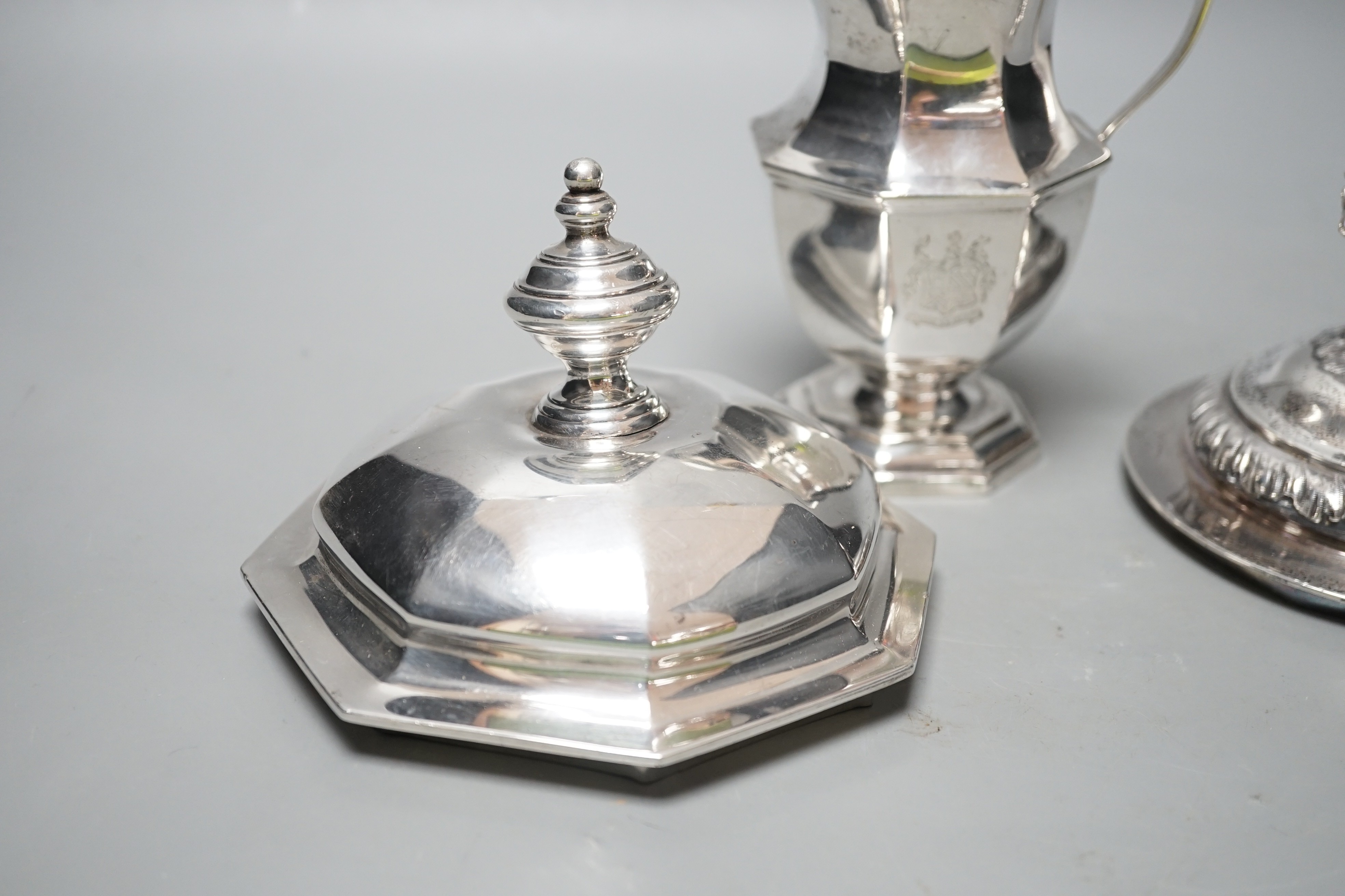 A 20th century silver cream jug by Mappin & Webb(date letter rubbed), height 13.9cm and two - Image 4 of 5