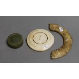 Three Chinese jade carvings - a huang, a disc and cash money