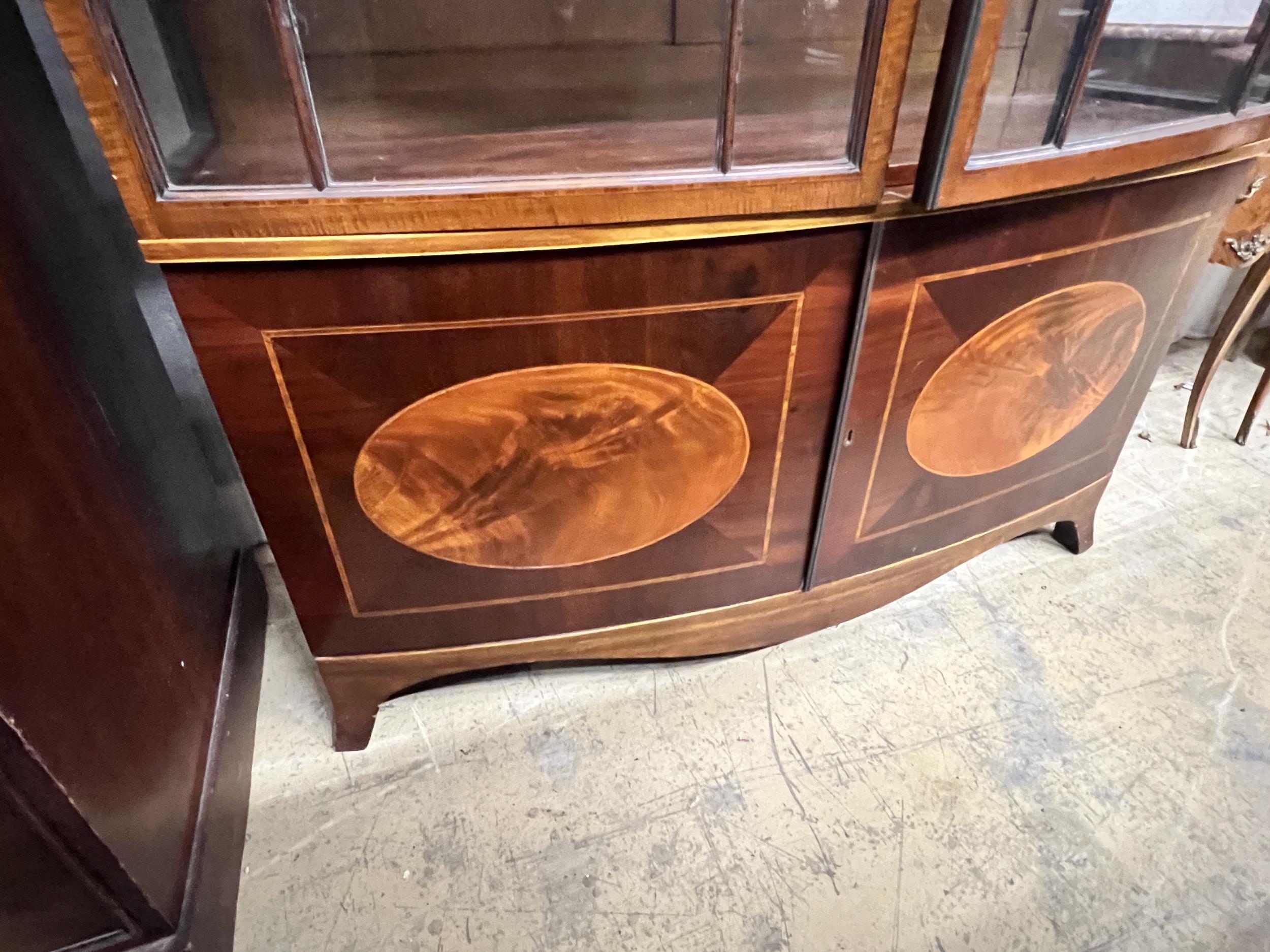 An early 20th century George III style satinwood banded mahogany inlaid bow front display cabinet, - Image 3 of 3