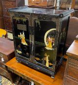 A Chinese black lacquer hardstone and composition mounted two door side cabinet, width 77cm, depth