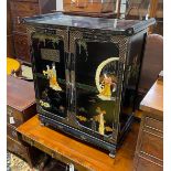 A Chinese black lacquer hardstone and composition mounted two door side cabinet, width 77cm, depth