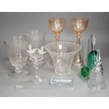 Two Venetian lustre glass goblets, a pair of rummers and sundry glassware, goblets 20cm high