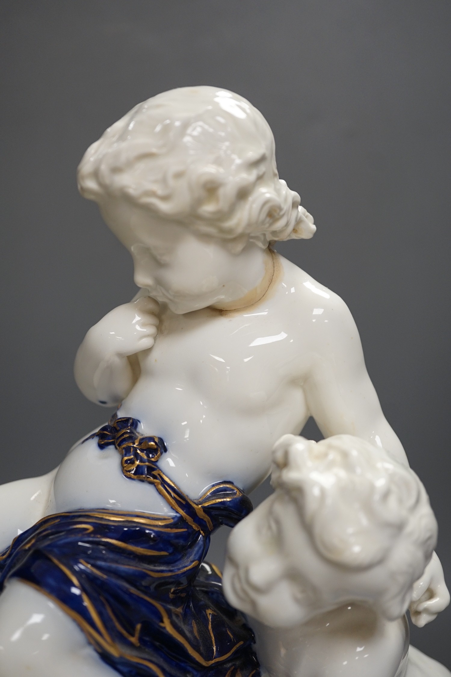 A Copeland porcelain putti seated on a shell centrepiece, modelled O. Hale, c.1877, 35cms high - Image 3 of 14