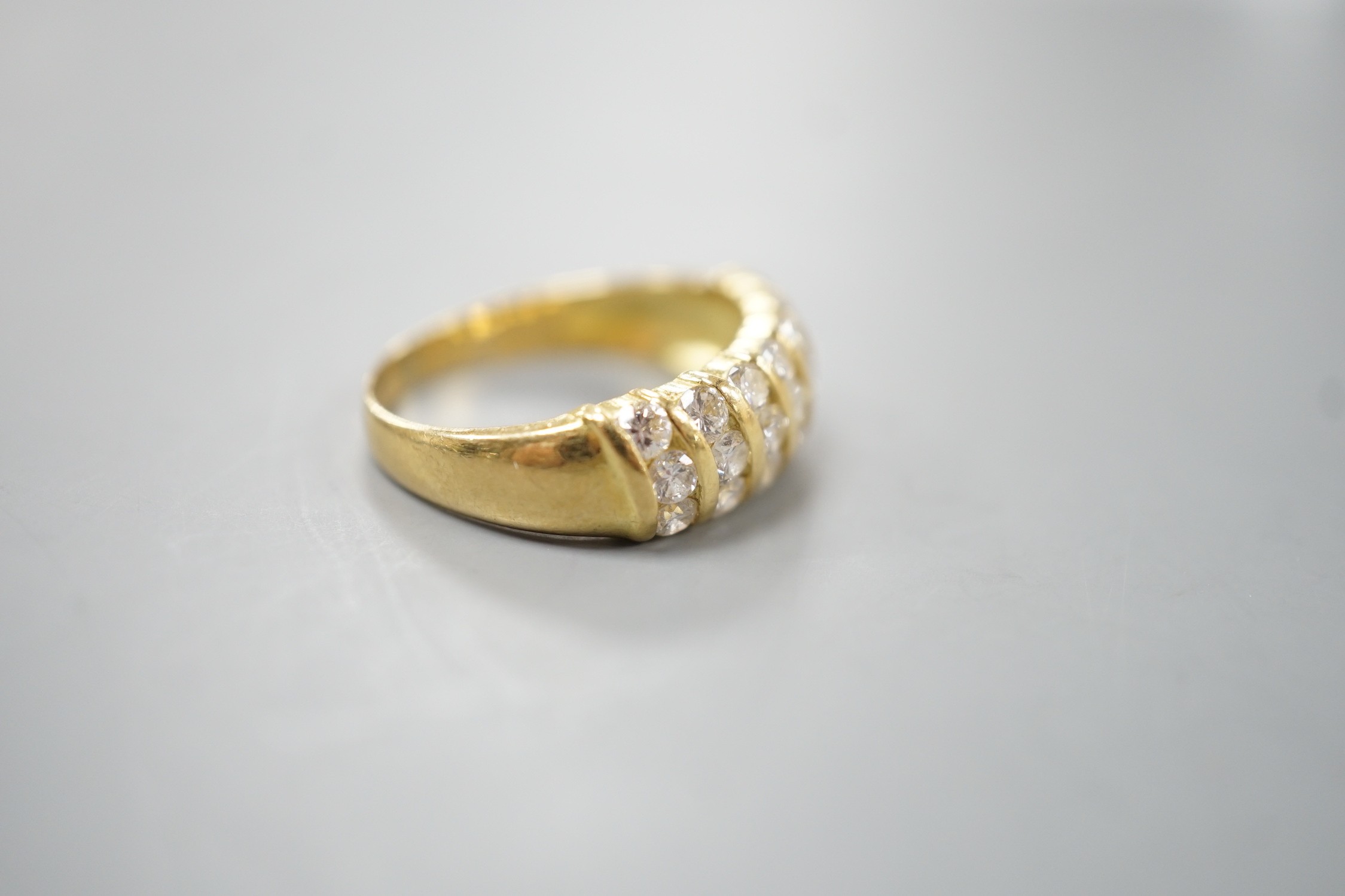 A modern 18ct gold and twenty one stone diamond set seven row half hoop ring, size N, gross weight - Image 4 of 5