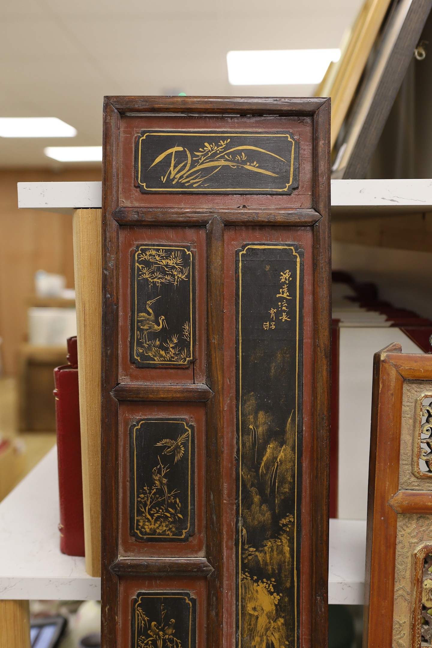 A pair of late 19th century Chinese gilt-decorated lacquer panels and a similar smaller - Image 2 of 6