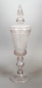 A large 18th century Bohemian goblet and cover, engraved with the angels visiting Abraham, 40cms