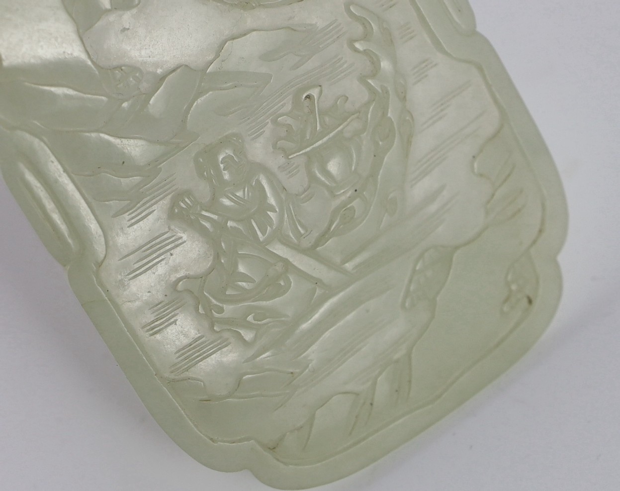 A Chinese white jade ‘He Xiangu’ shaped rectangular plaque, 18th/19th century, carved in relief with - Image 4 of 4