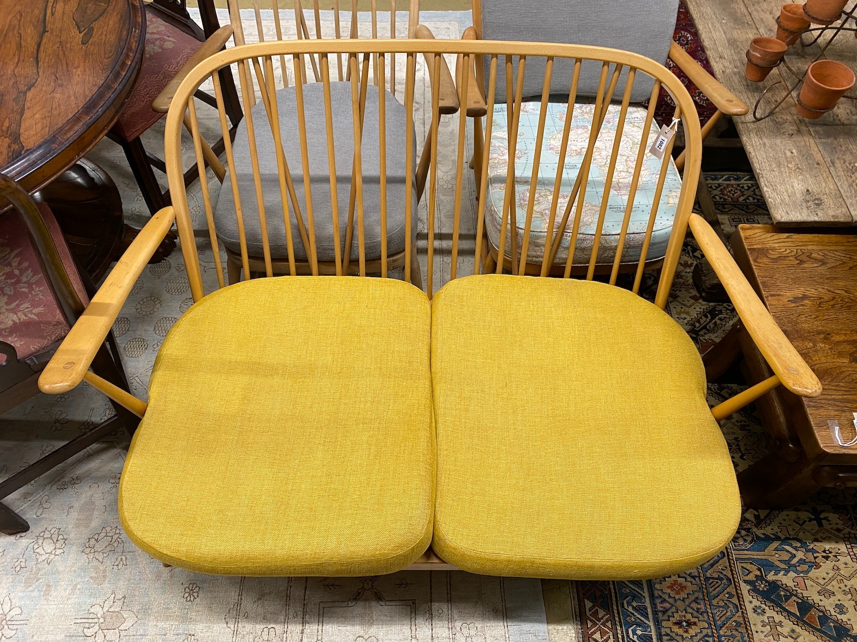 A mid century Ercol light beech three piece lounge suite, lacks three back cushions, settee length - Image 2 of 3