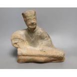 A Chinese grey pottery figure of a seated musician, Han dynasty (200BCE to 220CE) or later, 25cm